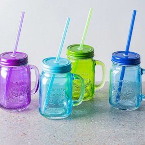 Colourful glass mason jar mugs w/ lids & straw 🍀